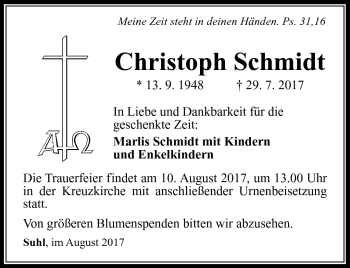 Traueranzeige von Christoph Schmidt von Südthüringer Presse