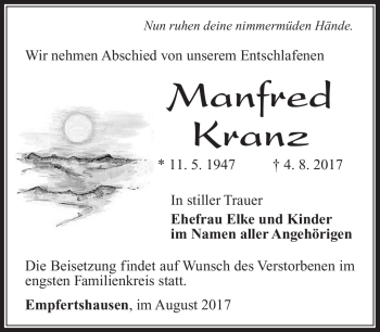 Traueranzeige von Manfred Kranz von Südthüringer Presse