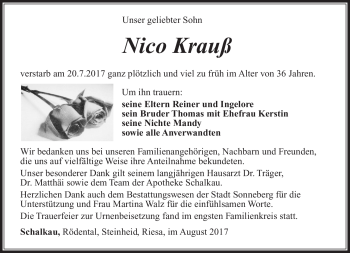 Traueranzeige von Nico Krauß von Südthüringer Presse