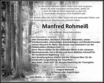 Traueranzeige von Manfred Rohmeiß von Südthüringer Presse