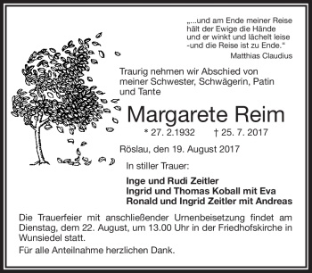 Traueranzeige von Reim Margarete von Frankenpost
