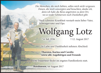 Traueranzeige von Wolfgang Lotz von Südthüringer Presse