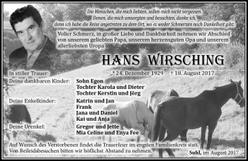 Traueranzeige von Hans Wirsching von Südthüringer Presse