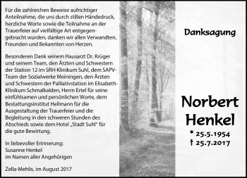 Traueranzeige von Norbert Henkel von Südthüringer Presse