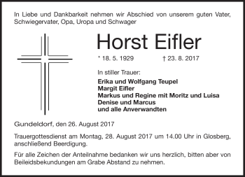 Traueranzeige von Horst Eifler von Neue Presse Coburg