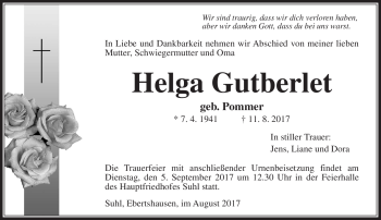 Traueranzeige von Helga Gutberlet von Südthüringer Presse