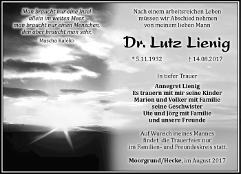 Traueranzeige von Lutz Lienig von Südthüringer Presse