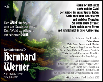 Traueranzeige von Bernhard Werner von Südthüringer Presse