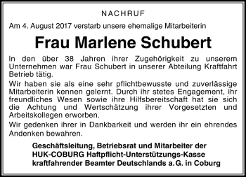 Traueranzeige von Marlene Schubert von Neue Presse Coburg
