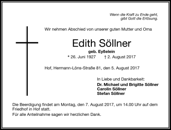 Traueranzeige von Edith Söllner von Frankenpost