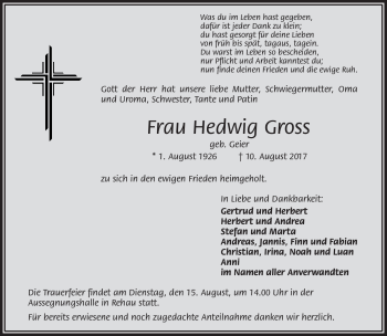 Traueranzeige von Hedwig Gross von Frankenpost
