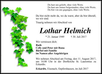Traueranzeige von Lothar Helmich von Südthüringer Presse