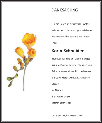 Traueranzeige von Karin Schneider von Südthüringer Presse
