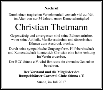 Traueranzeige von Christian Thetmann von Südthüringer Presse