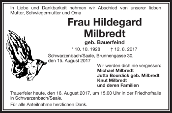 Traueranzeige von Hildegard Milbredt von Frankenpost