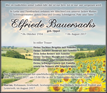 Traueranzeige von Elfriede Bauersachs von Südthüringer Presse