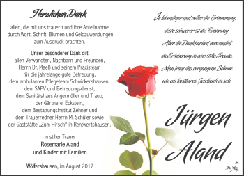 Traueranzeige von Jürgen Aland von Südthüringer Presse