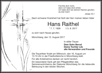 Traueranzeige von Hans Raithel von Frankenpost