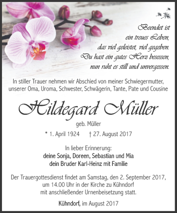 Traueranzeige von Hildegard Müller von Südthüringer Presse
