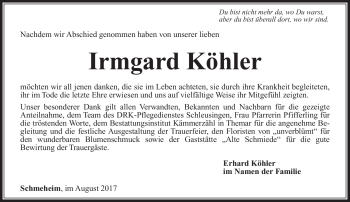 Traueranzeige von Irmgard Köhler von Südthüringer Presse