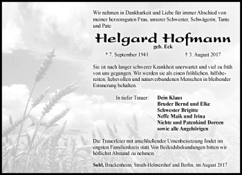 Traueranzeige von Helgard Hofmann von Südthüringer Presse