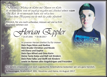 Traueranzeige von Florian Eppler von Südthüringer Presse