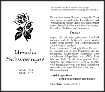 Traueranzeige von Ursula Schwesinger von Südthüringer Presse