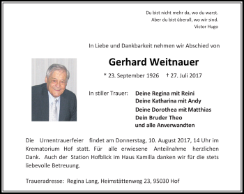 Traueranzeige von Gerhard Weitnauer von Frankenpost