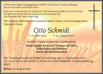 Traueranzeige von Otto Schmidt von Südthüringer Presse