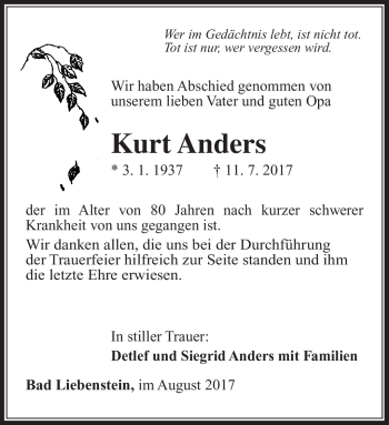 Traueranzeige von Kurt Anders von Südthüringer Presse