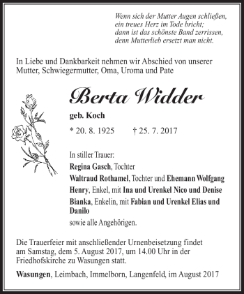 Traueranzeige von Berta Widder von Südthüringer Presse