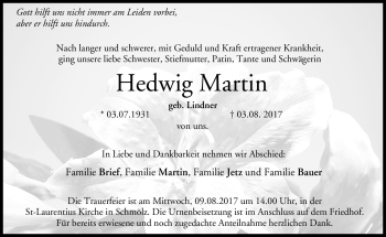 Traueranzeige von Hedwig Martin von Neue Presse Coburg