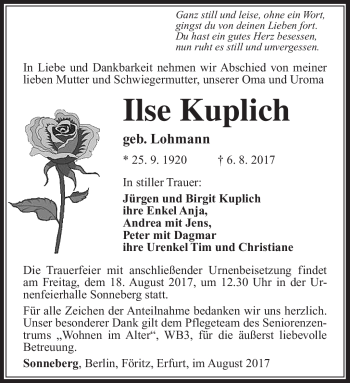 Traueranzeige von Ilse Kuplich von Südthüringer Presse