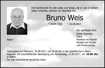 Traueranzeige von Bruno Weis von Neue Presse Coburg