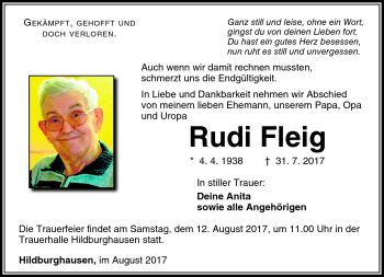 Traueranzeige von Rudi Fleig von Südthüringer Presse
