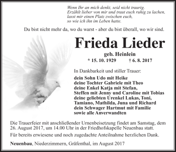 Traueranzeige von Frieda Lieder von Südthüringer Presse