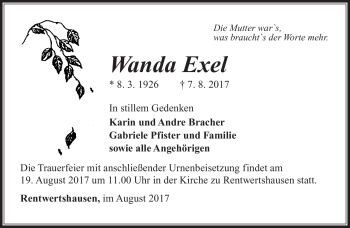Traueranzeige von Wanda Exel von Südthüringer Presse