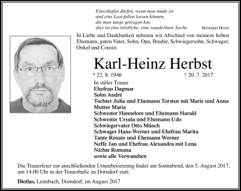 Traueranzeige von Karl-Heinz Herbst von Südthüringer Presse