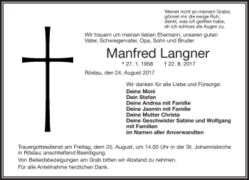 Traueranzeige von Manfred Langner von Frankenpost