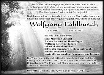 Traueranzeige von Wolfgang Fahlbusch von Südthüringer Presse