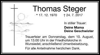 Traueranzeige von Thomas Steger von Frankenpost