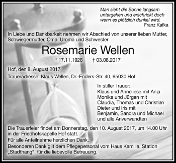 Traueranzeige von Rosemarie Wellen von Frankenpost