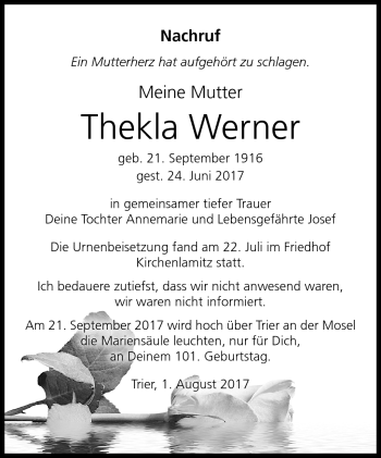 Traueranzeige von Thekla Werner von Frankenpost