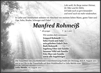 Traueranzeige von Manfred Rohmeß von Südthüringer Presse