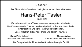 Traueranzeige von Hans-Peter Tasler von Südthüringer Presse