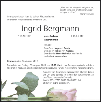 Traueranzeige von Ingrid Bergmann von Neue Presse Coburg