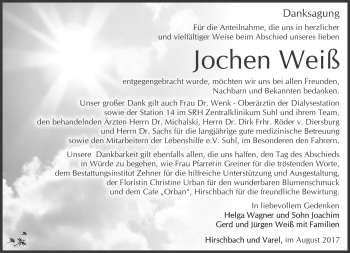 Traueranzeige von Jochen Weiß von Südthüringer Presse