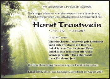 Traueranzeige von Horst Trautwein von Südthüringer Presse