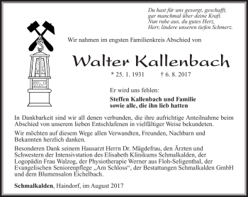 Traueranzeige von Walter Kallenbach von Südthüringer Presse