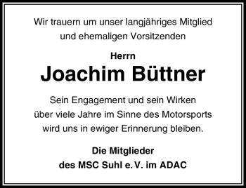 Traueranzeige von Joachim Büttner von Südthüringer Presse